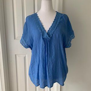 Counterparts Woman's V-neck Blouse Pretty Lace Trim Boho Top Cornflower Blue XL